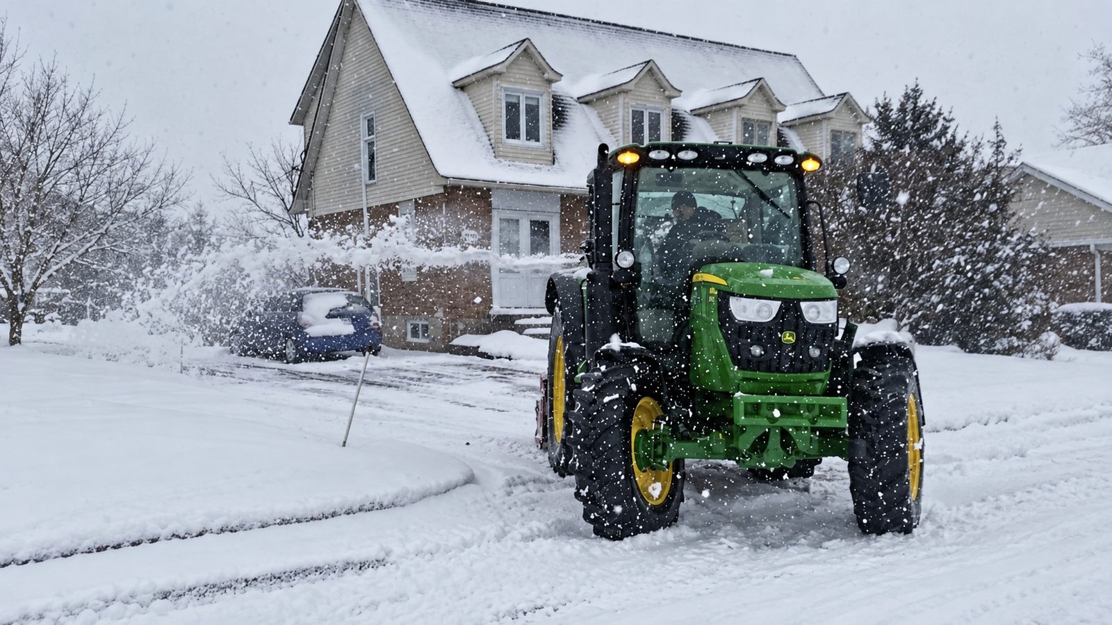 Tracteur de Déneigement Vert 2000 déneigeant une entrée résidentielle